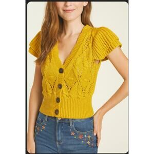 Driftwood Poppi Cap Sleeve Cardigan Mustard Yellow Sweater Small Eyelet